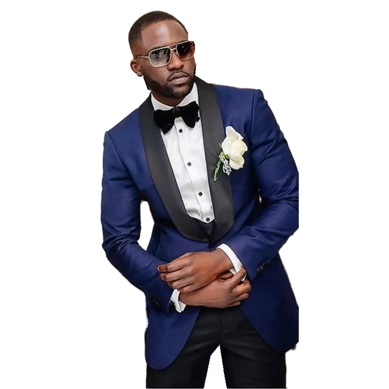 One Button Navy Blue Mens Wedding Tuxedos Slim Fit Groom Formal Wear Black Shawl Lapel Groomsmen Male Suits Wedding Party Prom Dinner Blazer Sets Jack
