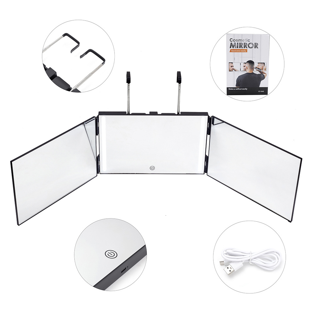 Other Health Beauty Items 3 Way Mirror for Self Hair Cutting 360° with LED Lights Trifold Haircut Rechargeable Height Adjustable 230114