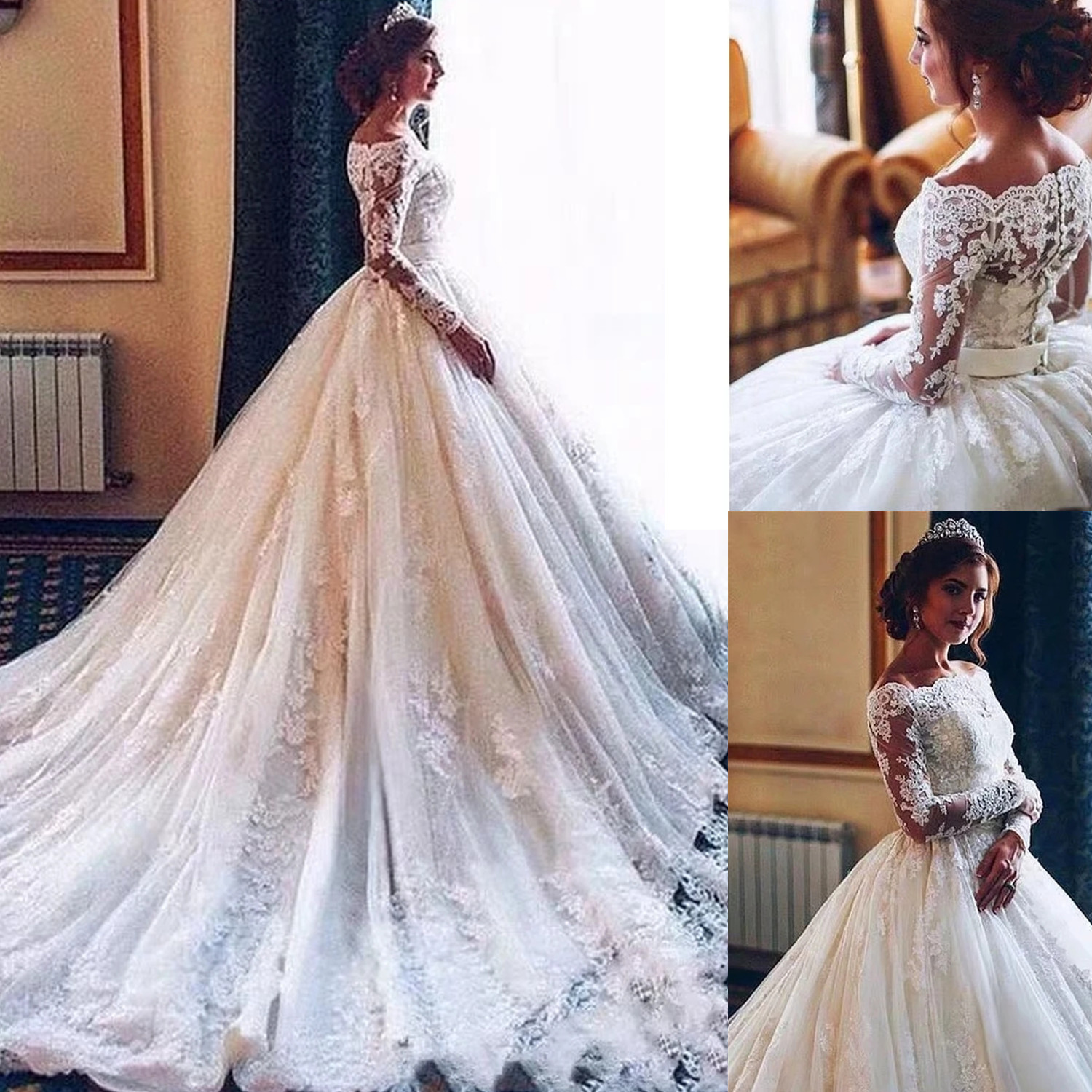 Princess Bridal Gowns Plus size Ball Gown Cathedral Train Appliques Lace Long Sleeve Off Shoulder Bridal Wedding Dresses