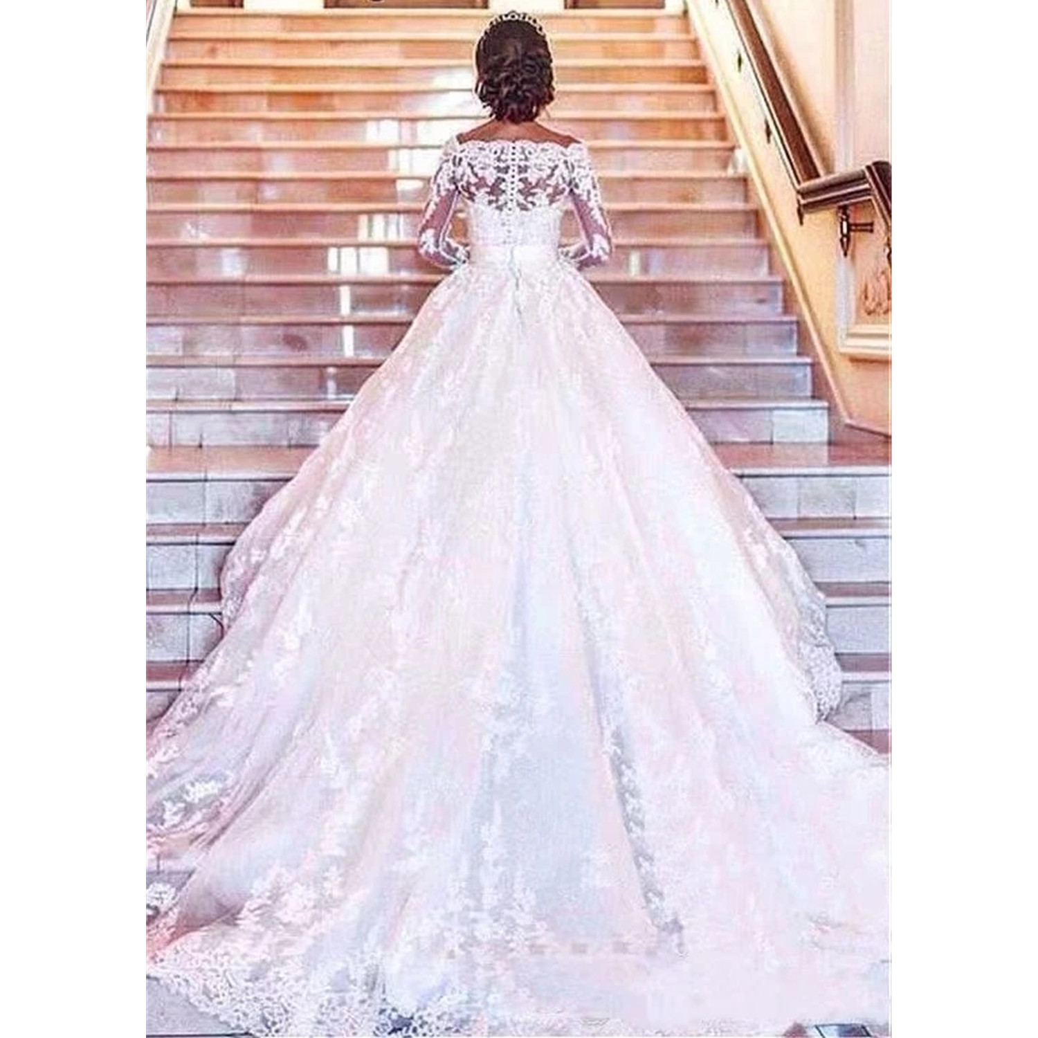 Princess Bridal Gowns Plus size Ball Gown Cathedral Train Appliques Lace Long Sleeve Off Shoulder Bridal Wedding Dresses