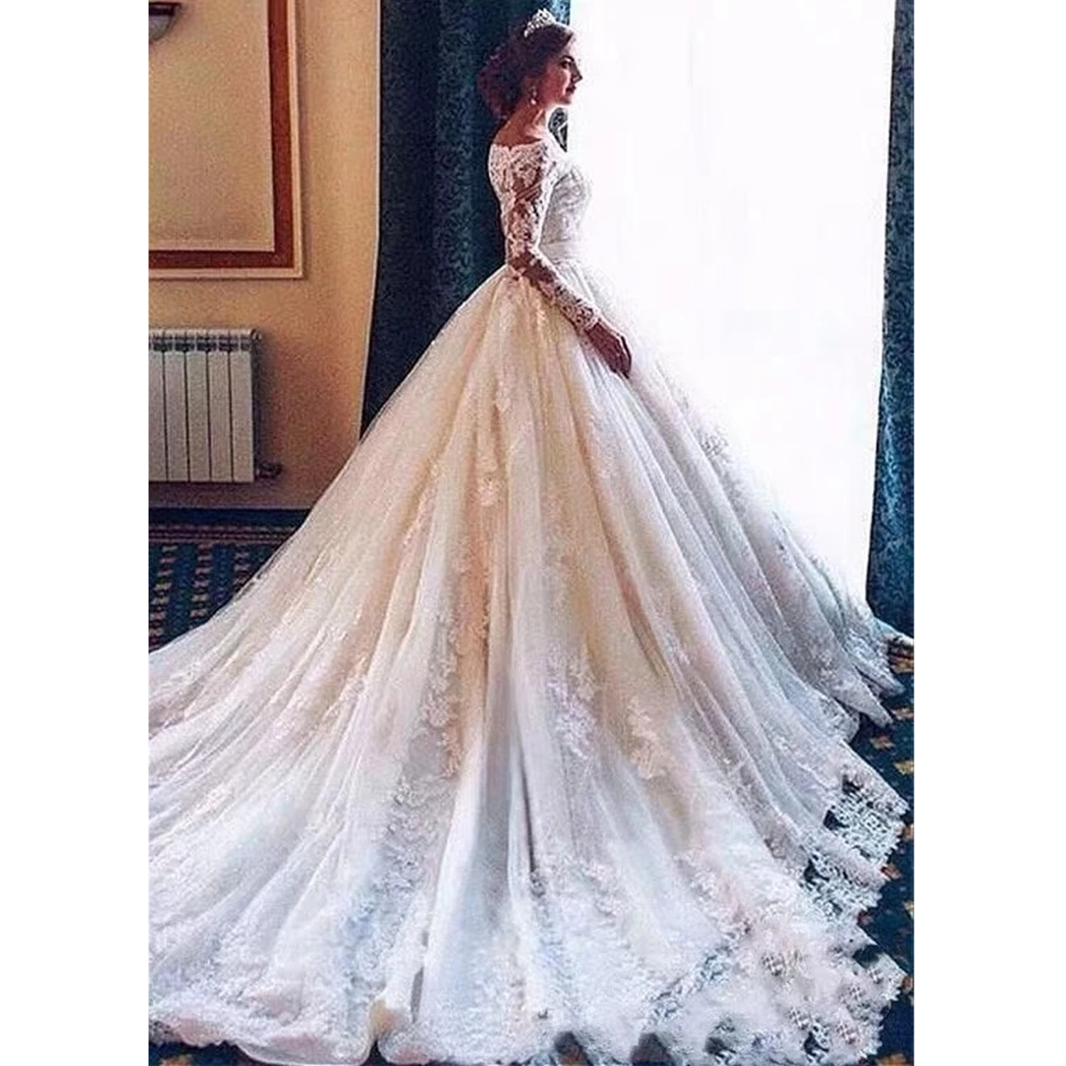 Princess Bridal Gowns Plus size Ball Gown Cathedral Train Appliques Lace Long Sleeve Off Shoulder Bridal Wedding Dresses