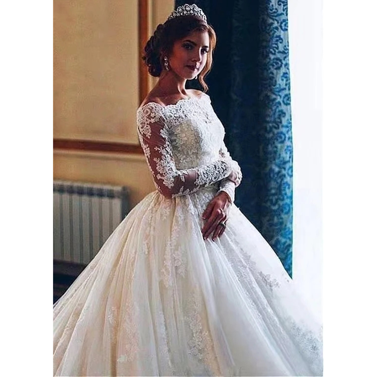 Princess Bridal Gowns Plus size Ball Gown Cathedral Train Appliques Lace Long Sleeve Off Shoulder Bridal Wedding Dresses