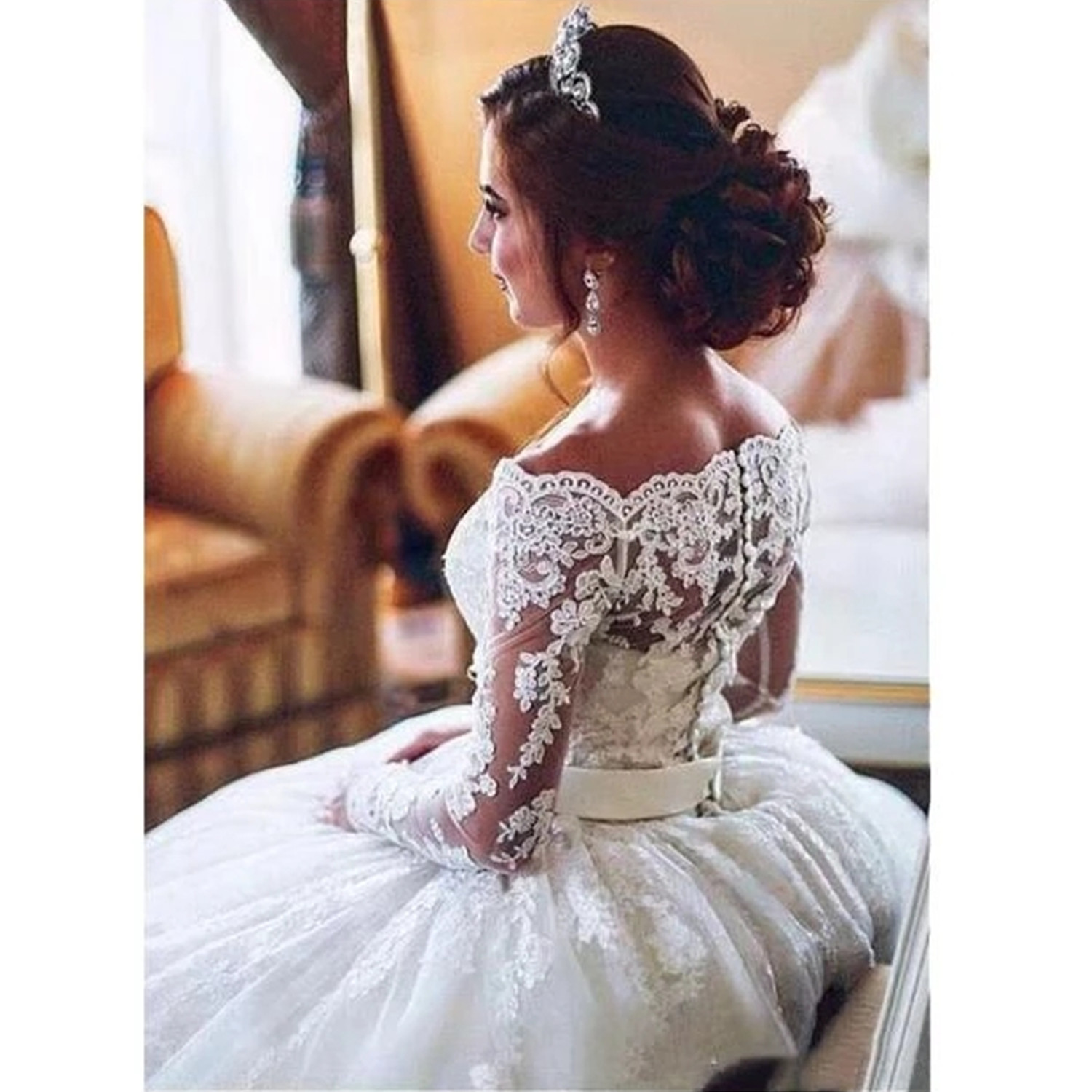 Princess Bridal Gowns Plus size Ball Gown Cathedral Train Appliques Lace Long Sleeve Off Shoulder Bridal Wedding Dresses