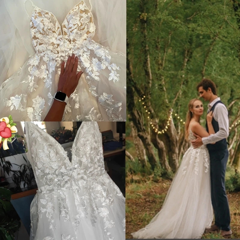 Spaghetti Straps Vintage Lace Wedding Dress With V Neckline Bride Dress Tulle Beach Bridal Gown