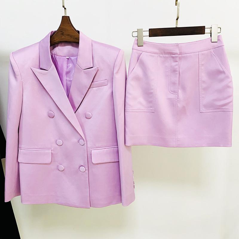 Two Piece Dress Lady Skirt Suits Satin Blazer Mini High Street Double Breasted Casual Spring Autumn Fashion Suit Light Color S4441Two
