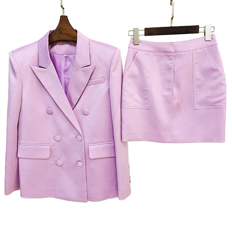 Two Piece Dress Lady Skirt Suits Satin Blazer Mini High Street Double Breasted Casual Spring Autumn Fashion Suit Light Color S4441Two