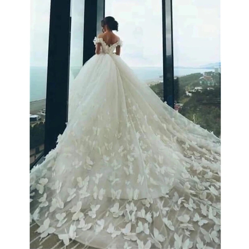 2023 Bridal Gowns Off The Shoulder Wedding Dresses 3D Butterflies Sweep Tain Vestidos De Noivas