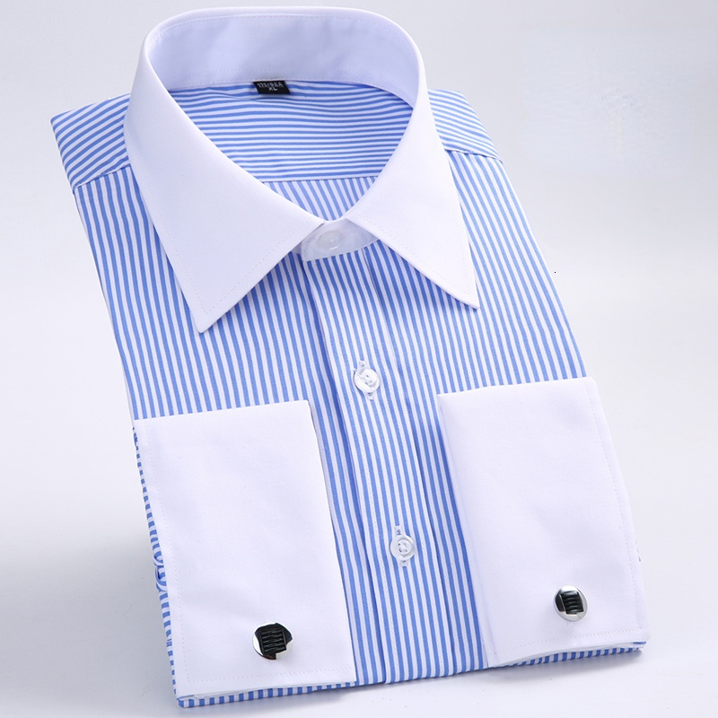 Mens Casual Shirts Quality Gentle Formal Mens French Cuff Dress Shirt Men Long Sleeve Solid Striped Style Mens Shirts Cufflink Include Plus Size 23011