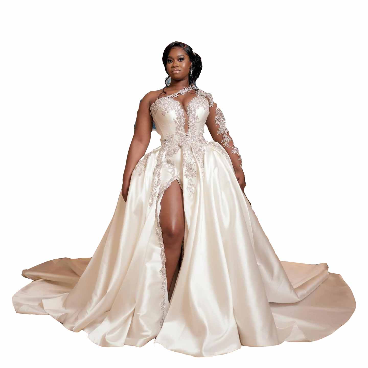 Ball Gown Wedding Dresses Sier Crystal Beading One Shoulder Keyhole Long Sleeves Satin Side Split Dubai Arabic Overskirts Bride Bridal Gowns 403 66603