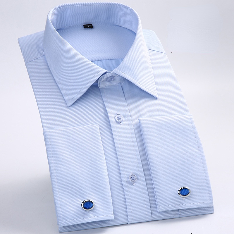 Mens Casual Shirts Quality Gentle Formal Mens French Cuff Dress Shirt Men Long Sleeve Solid Striped Style Mens Shirts Cufflink Include Plus Size 23011
