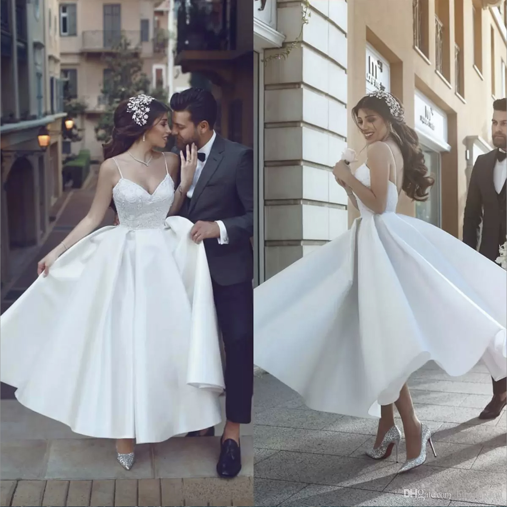 Chic Short Dress Spaghetti Straps Sexy Backless Sweetheart Lace Applique Elegant Bridal Gowns Cheap Wedding Dresses 6660305