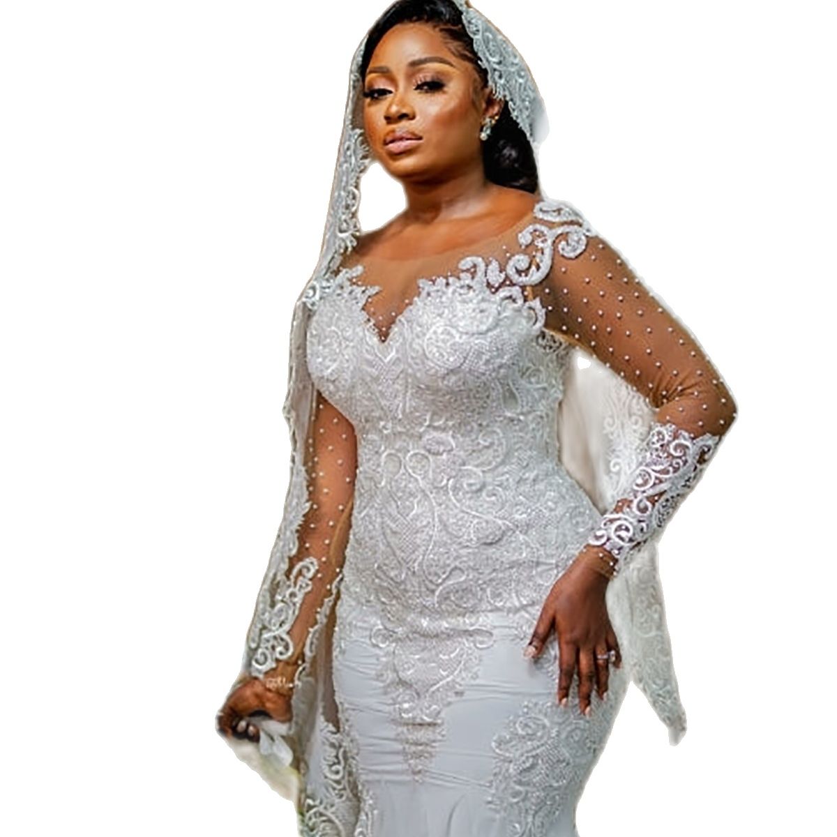 Plus Size Mermaid Wedding Dress Sheer Neck 3D Lace Appliques Pearls Wedding Gowns Custom Made Sexy Illusion Bridal Dresses