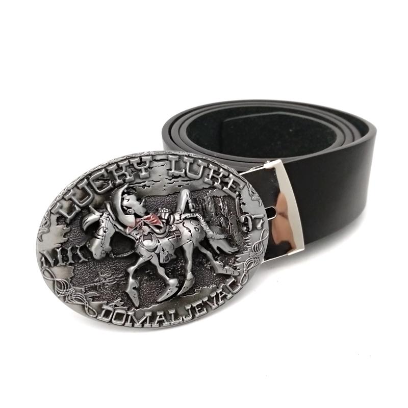 Belts Western Cowboy Riding Horse Lucky Luke Metal Buckle Casual Men Black PU Leather Fashion Accessories For Boy Male Gifts