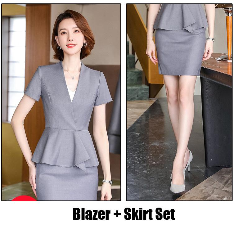 Two Piece Dress Ladies Grey Blazer Women Business Suits Skirt And Jacket Sets Short Sleeve Summer Work Clothes Office Uniform StylesTwo