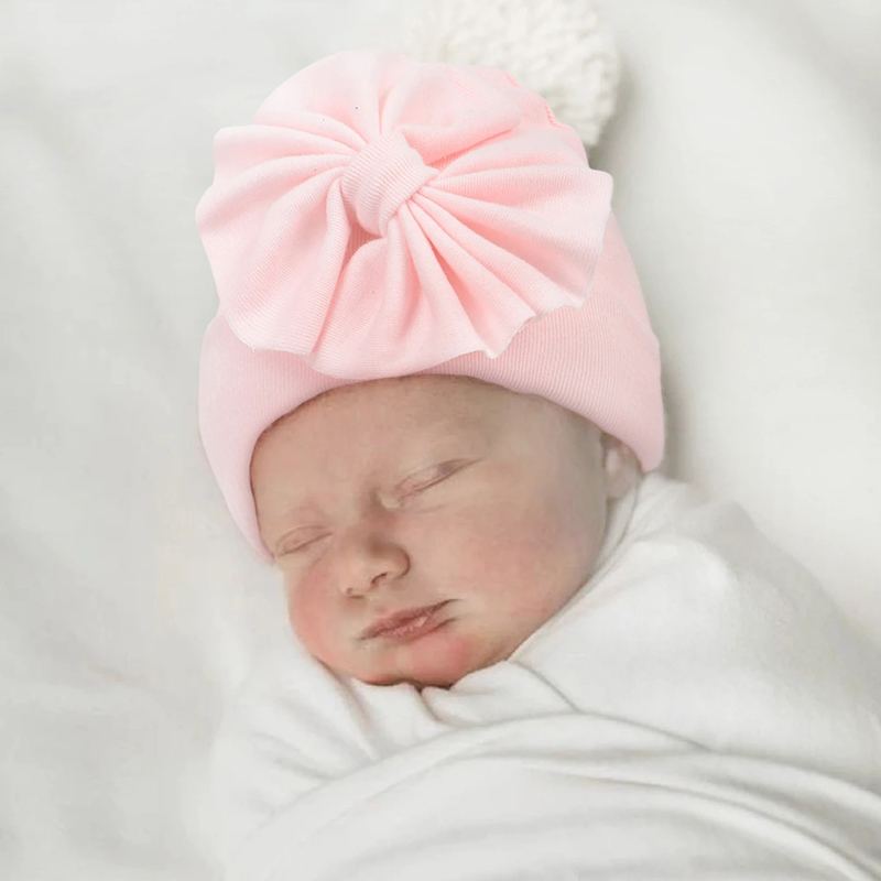 Caps & Hats Oversized Large Bow Bonnet for Baby Headwear Newborn Bowknot Turban Hat Cute Cotton Solid Hairbow Beanie Bunny Hat Infant Hats