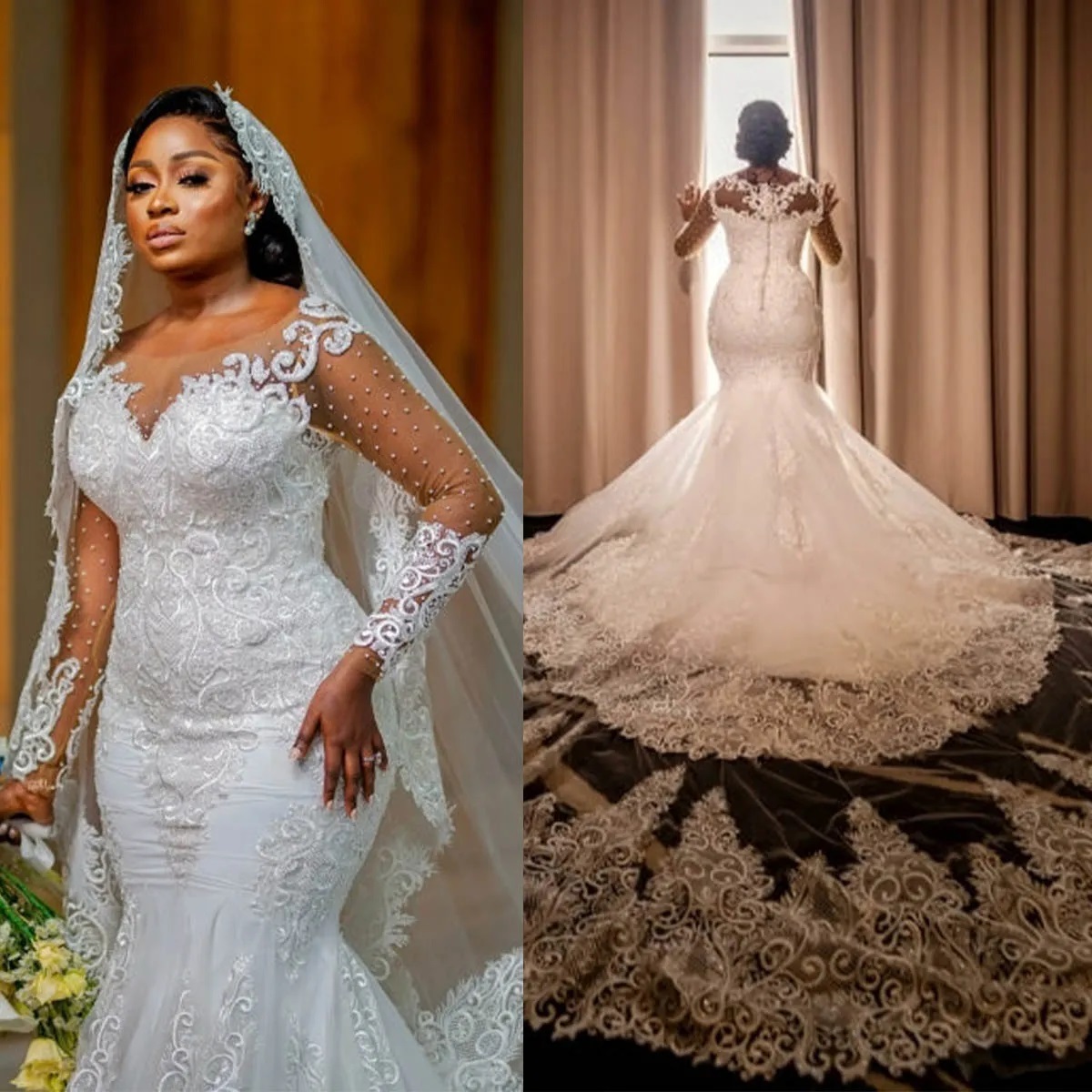 2023 Long Sleeves Mermaid Wedding Dresses Bridal Gown Lace Applique Beaded Covered Buttons Custom Made Beach Country Plus Size vestido de novia