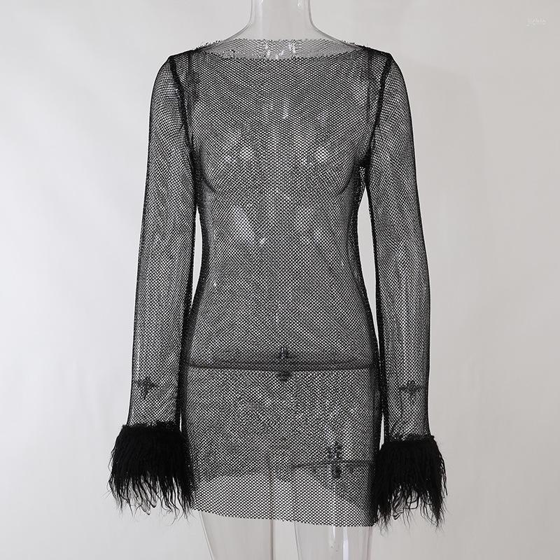 Casual Dresses Hollow Out Feather Long Sleeve Mesh Party Mini Dress Fashion See Through O Neck Short Club Prom 2024 Spring Summer