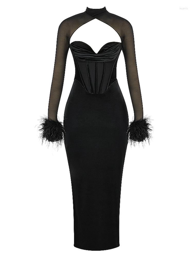 Casual Dresses BEVENCCEL Sexy Mesh Corset Long Sleeve Feather Maxi Dress Elegant Black Velvet Two Pieces Set Evening Party Club