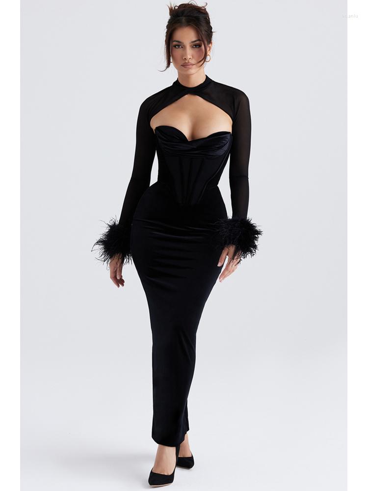 Casual Dresses BEVENCCEL Sexy Mesh Corset Long Sleeve Feather Maxi Dress Elegant Black Velvet Two Pieces Set Evening Party Club
