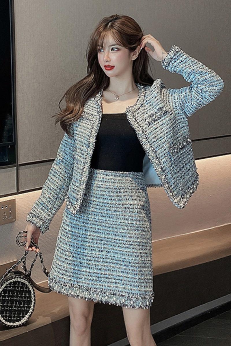 Two Piece Dress Autumn Winter Small Fresh Temperament Cardigan Tweed Jacket Female Western All-match Pencil Skirt Blazer Office ClothesTwo