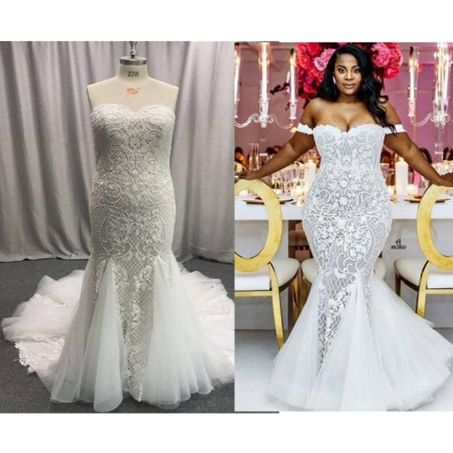 Mermaid Wedding Dresses Modest Plus Size Off Shoulder Trumpet Bridal Gowns Sweep Train Tulle Lace Wedding Dress Custom Made