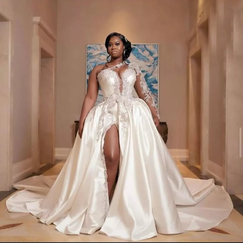 Dubai Africa Princess Bridal Gowns Full Sleeves White Appliques Mermaid Bridal One Shoulder Wedding Dresses Vestidos de Novia