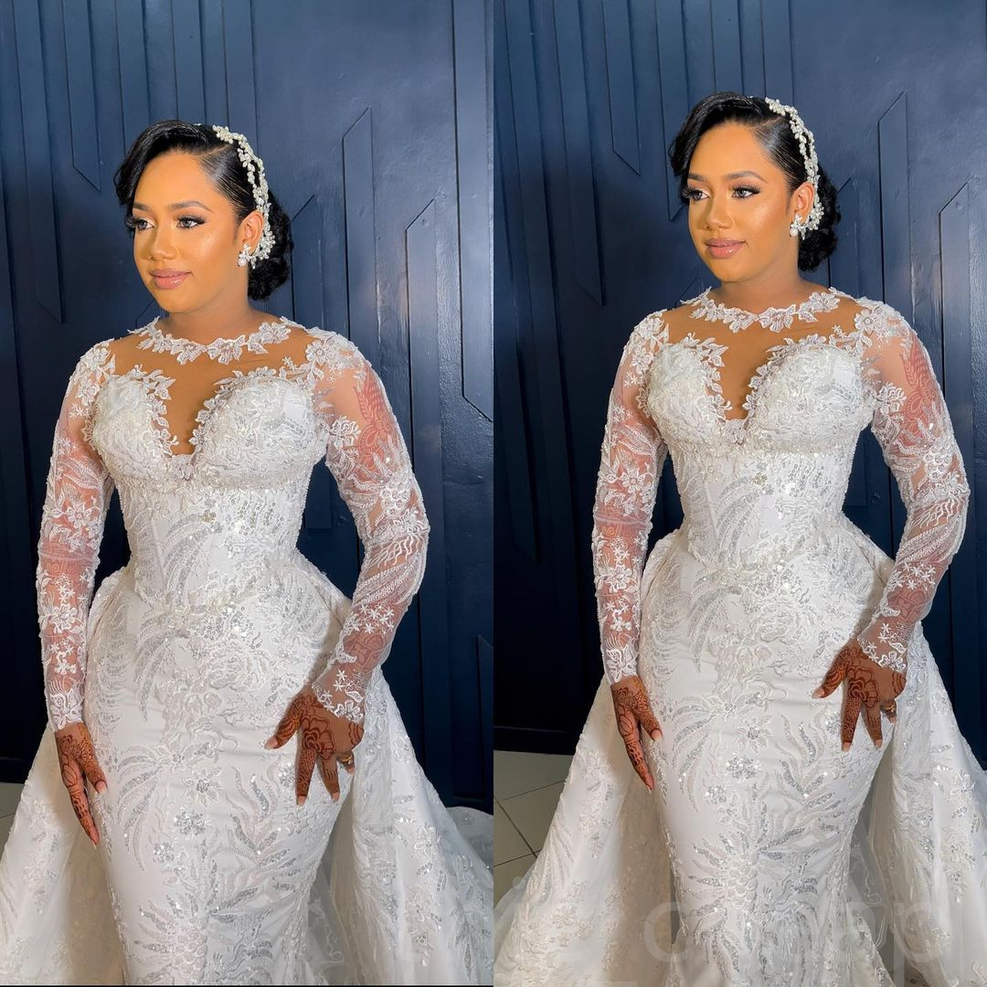 2023 Arabic Aso Ebi Mermaid Ivory Wedding Dress Sheer Neck Lace Long Sleeves Vintage Bridal Gowns Dresses ZJ077