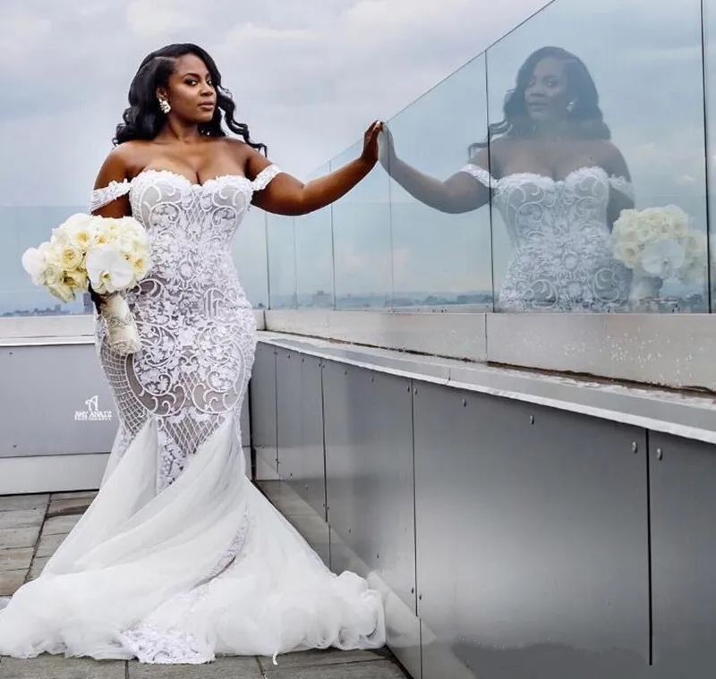 Mermaid Wedding Dresses Modest Plus Size Off Shoulder Trumpet Bridal Gowns Sweep Train Tulle Lace Wedding Dress Custom Made