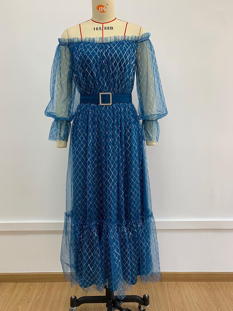 Casual Dresses TOLEEN Women Elegant Midi Summer Autumn Luxury Off Shoulder Plaid Belted Turkish Evening Party Robe Vestidos