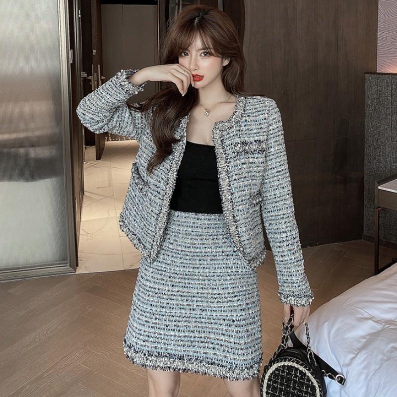 Two Piece Dress Autumn Winter Small Fresh Temperament Cardigan Tweed Jacket Female Western All-match Pencil Skirt Blazer Office ClothesTwo