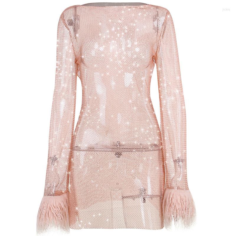 Casual Dresses Hollow Out Feather Long Sleeve Mesh Party Mini Dress Fashion See Through O Neck Short Club Prom 2024 Spring Summer