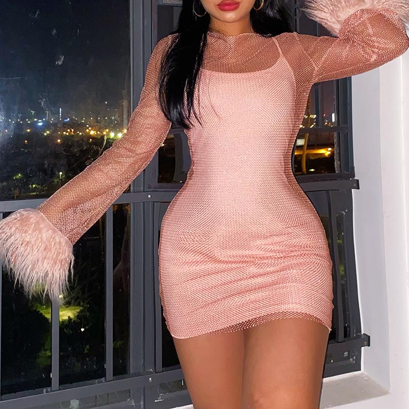 Casual Dresses Hollow Out Feather Long Sleeve Mesh Party Mini Dress Fashion See Through O Neck Short Club Prom 2024 Spring Summer