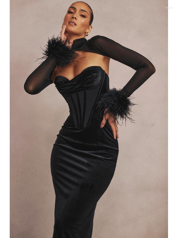 Casual Dresses BEVENCCEL Sexy Mesh Corset Long Sleeve Feather Maxi Dress Elegant Black Velvet Two Pieces Set Evening Party Club
