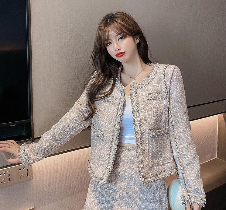Two Piece Dress Autumn Winter Small Fresh Temperament Cardigan Tweed Jacket Female Western All-match Pencil Skirt Blazer Office ClothesTwo