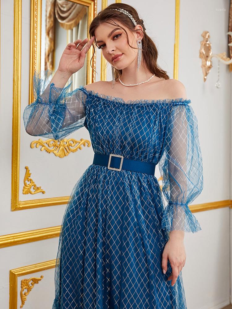 Casual Dresses TOLEEN Women Elegant Midi Summer Autumn Luxury Off Shoulder Plaid Belted Turkish Evening Party Robe Vestidos