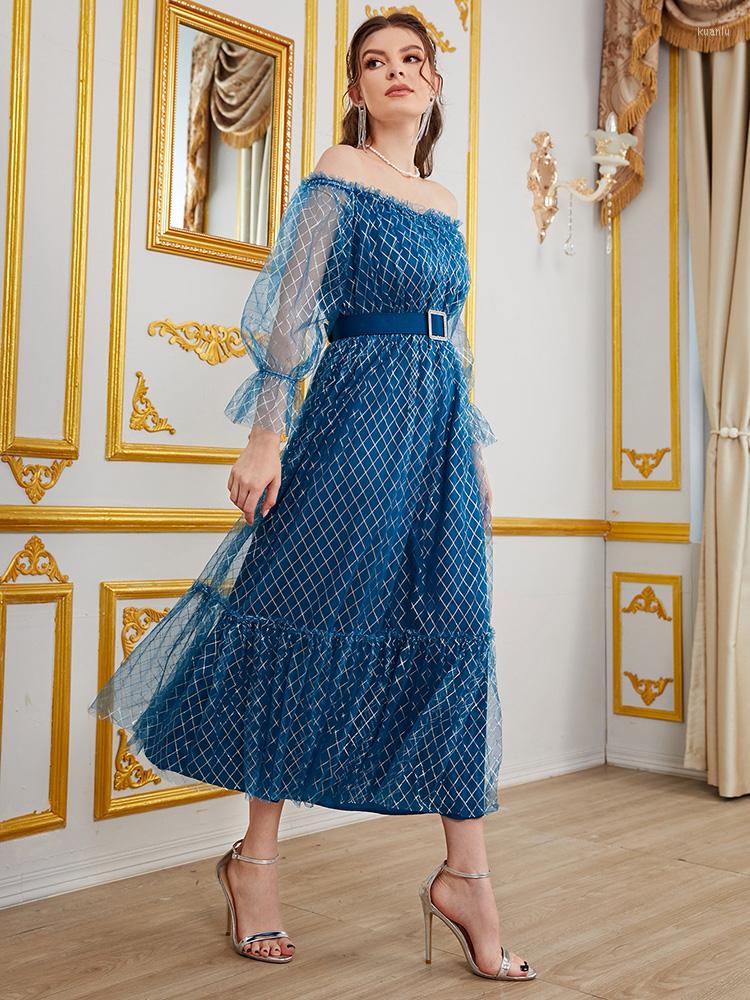 Casual Dresses TOLEEN Women Elegant Midi Summer Autumn Luxury Off Shoulder Plaid Belted Turkish Evening Party Robe Vestidos