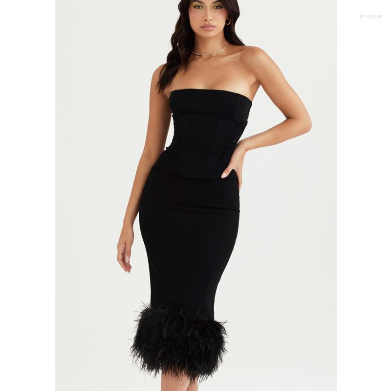 Casual Dresses Summer Women Straight Shoulder Slim Bandage Dress Rayon Elegant Feather Fashion Long Style Bodycon Evening Party