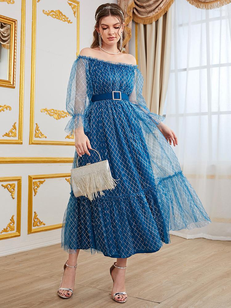 Casual Dresses TOLEEN Women Elegant Midi Summer Autumn Luxury Off Shoulder Plaid Belted Turkish Evening Party Robe Vestidos