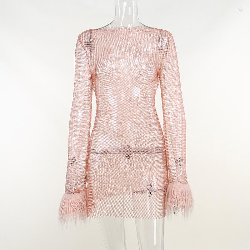 Casual Dresses Hollow Out Feather Long Sleeve Mesh Party Mini Dress Fashion See Through O Neck Short Club Prom 2024 Spring Summer