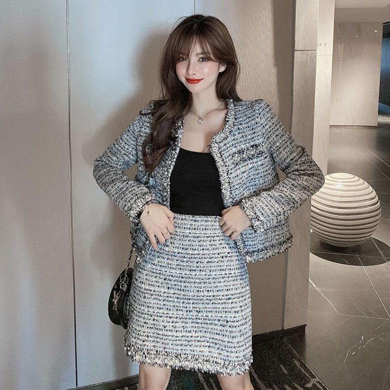 Two Piece Dress Autumn Winter Small Fresh Temperament Cardigan Tweed Jacket Female Western All-match Pencil Skirt Blazer Office ClothesTwo