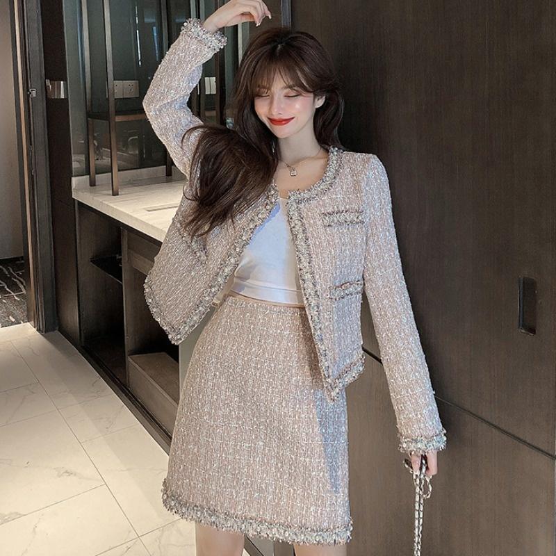 Two Piece Dress Autumn Winter Small Fresh Temperament Cardigan Tweed Jacket Female Western All-match Pencil Skirt Blazer Office ClothesTwo