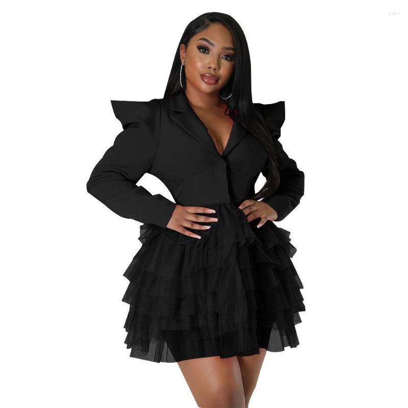 Casual Dresses 2023 INS High-end Young Solid Sexy Sweet Patchwork Network Office Lady V-Neck Full Sleeve Women High Waist Short A-Line Dress