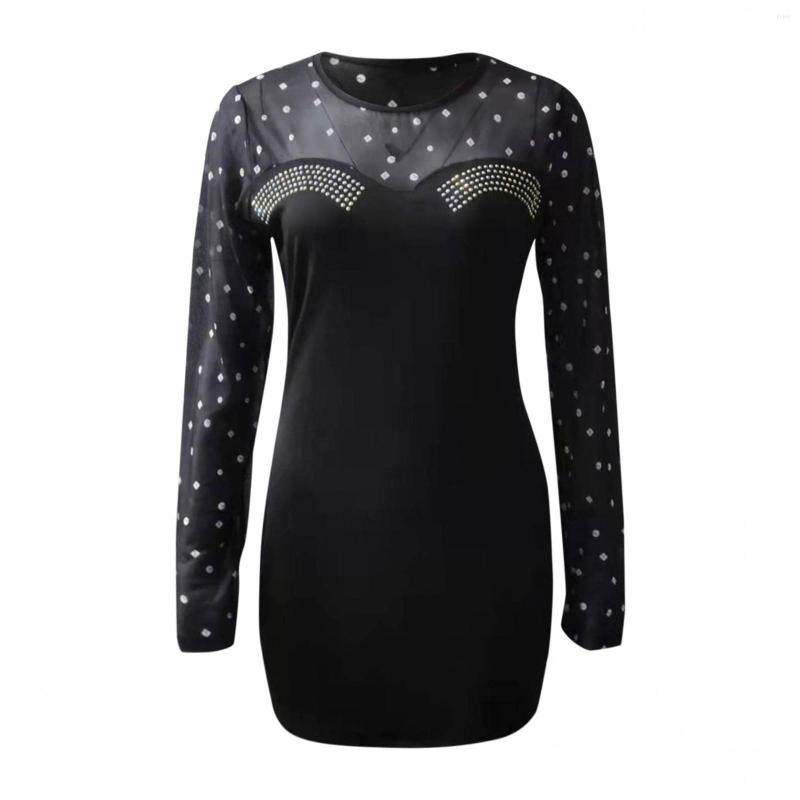 Casual Dresses 2024 Birthday Dress For Women Sexy O-Neck Mesh Sleeve Lace Long Solid Color Rhinestone Bodycon Party