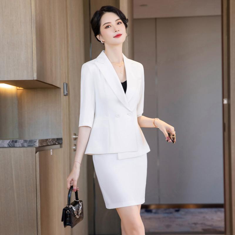 Two Piece Dress Summer White Blazer Women Business Suits Skirt And Jacket Sets Half Sleeve Ladies Work Wear Office Uniform Styles OLTwo