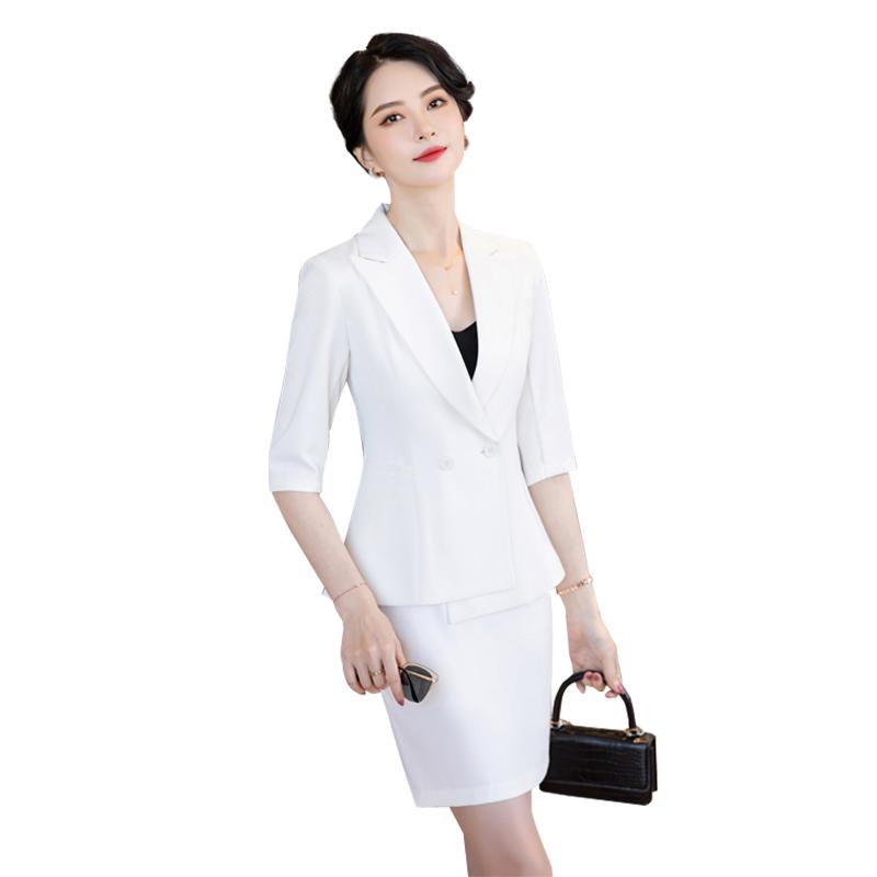 Two Piece Dress Summer White Blazer Women Business Suits Skirt And Jacket Sets Half Sleeve Ladies Work Wear Office Uniform Styles OLTwo