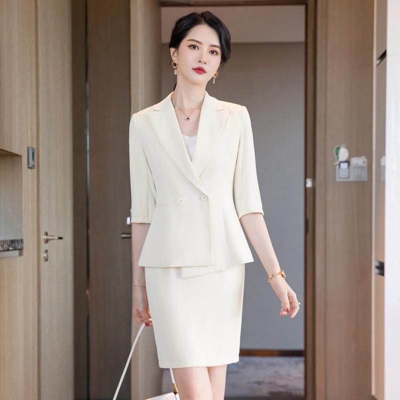 Two Piece Dress Summer White Blazer Women Business Suits Skirt And Jacket Sets Half Sleeve Ladies Work Wear Office Uniform Styles OLTwo