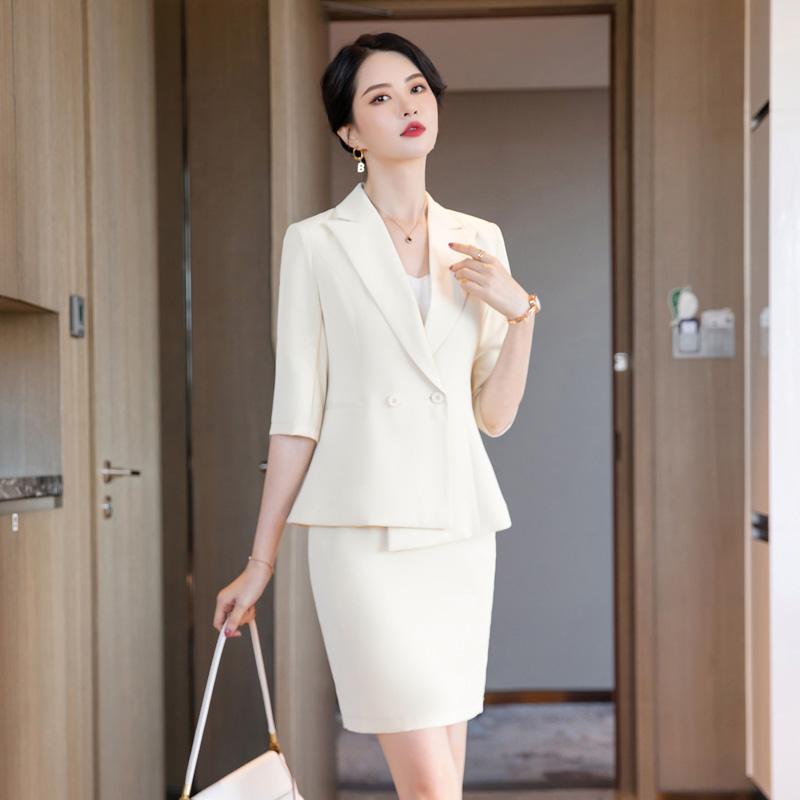 Two Piece Dress Summer White Blazer Women Business Suits Skirt And Jacket Sets Half Sleeve Ladies Work Wear Office Uniform Styles OLTwo