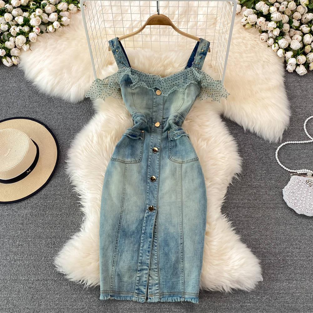 Denim Casual Dresses 2023 Sexy Style New Arrival Ins Strap Waist Mesh Polka Dot Ruffles Stitching Female Bodycon Midi Dresses Female Vestidos