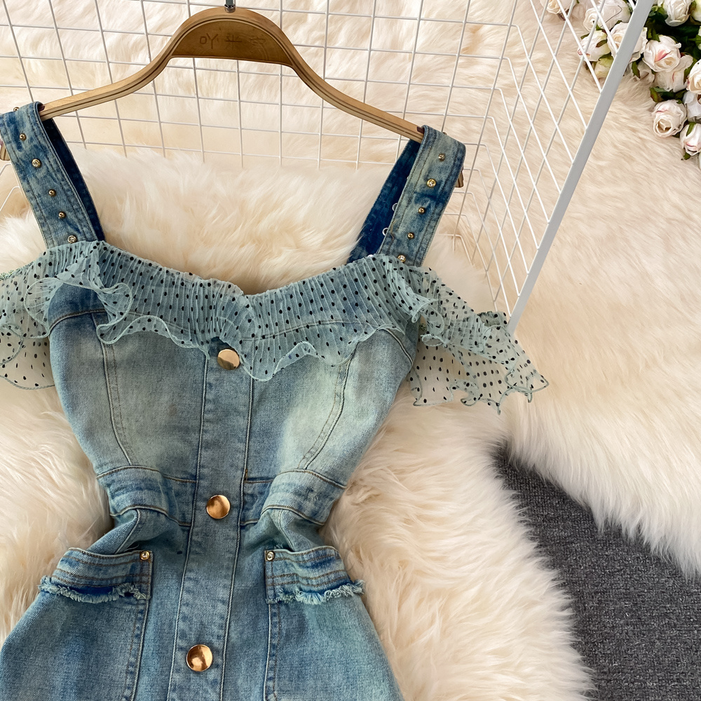 Denim Casual Dresses 2023 Sexy Style New Arrival Ins Strap Waist Mesh Polka Dot Ruffles Stitching Female Bodycon Midi Dresses Female Vestidos