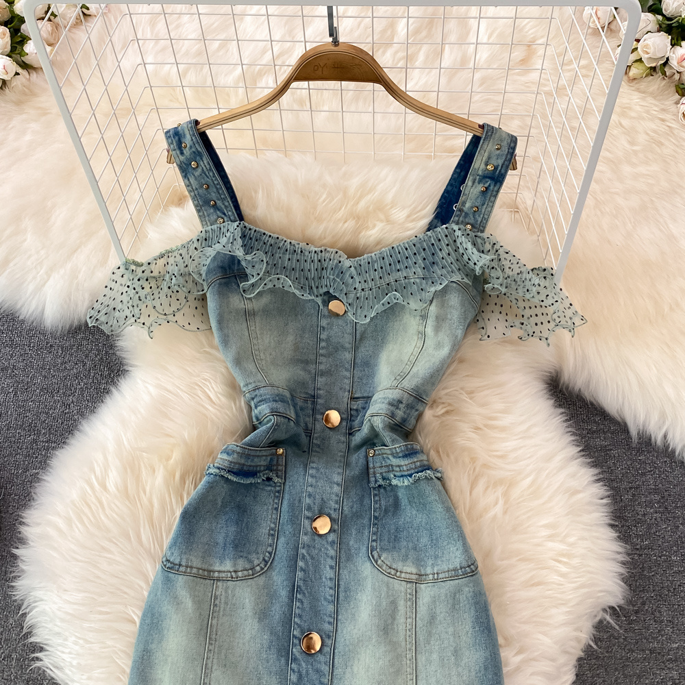 Denim Casual Dresses 2023 Sexy Style New Arrival Ins Strap Waist Mesh Polka Dot Ruffles Stitching Female Bodycon Midi Dresses Female Vestidos
